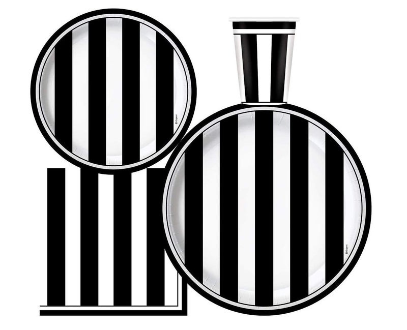 Oojami Serves 30 Black and White Stripes Party Supplies â€“ 9" Dinner Plates, 7" Dessert Plates, 9 oz Cups, 3-Ply Napkins Complete Party Pack for Birthdays, Graduations, Weddings, and Events - Image 1